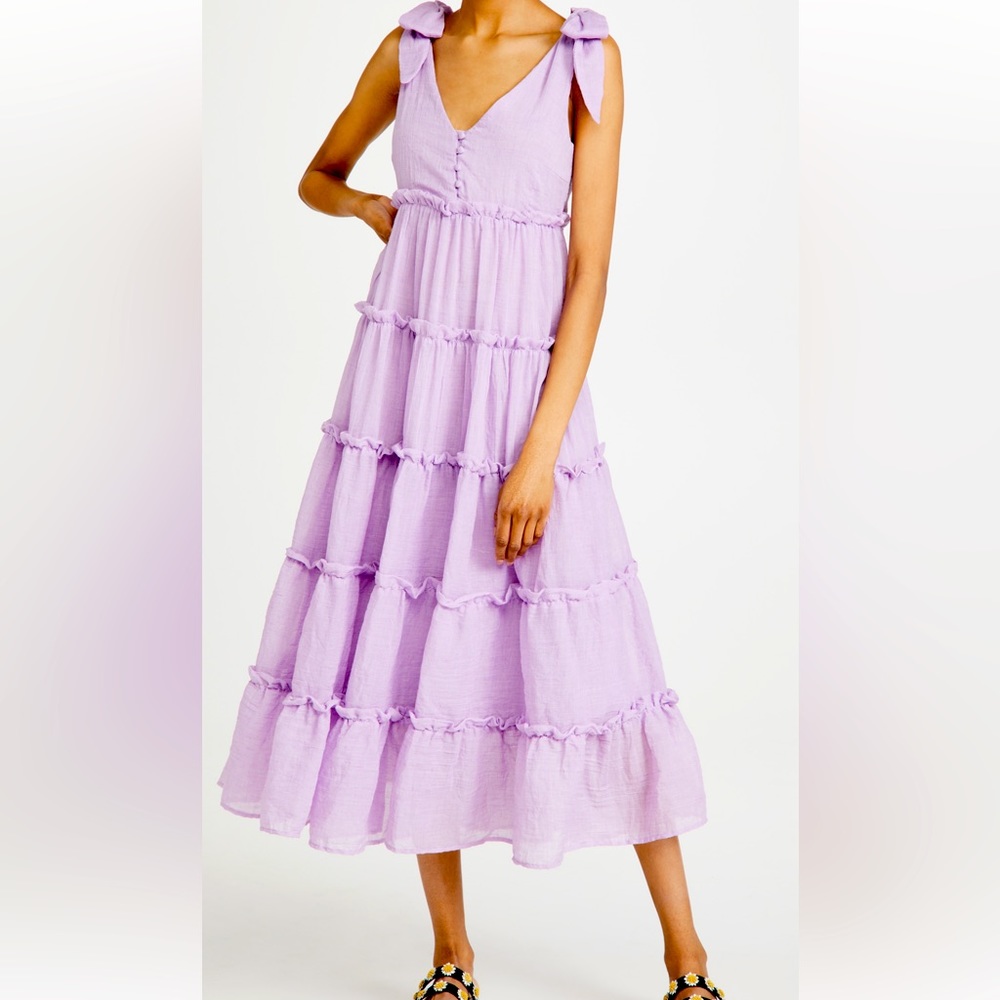 English Factory- Tiered Midi Dress, Lavender Bows | Size Small